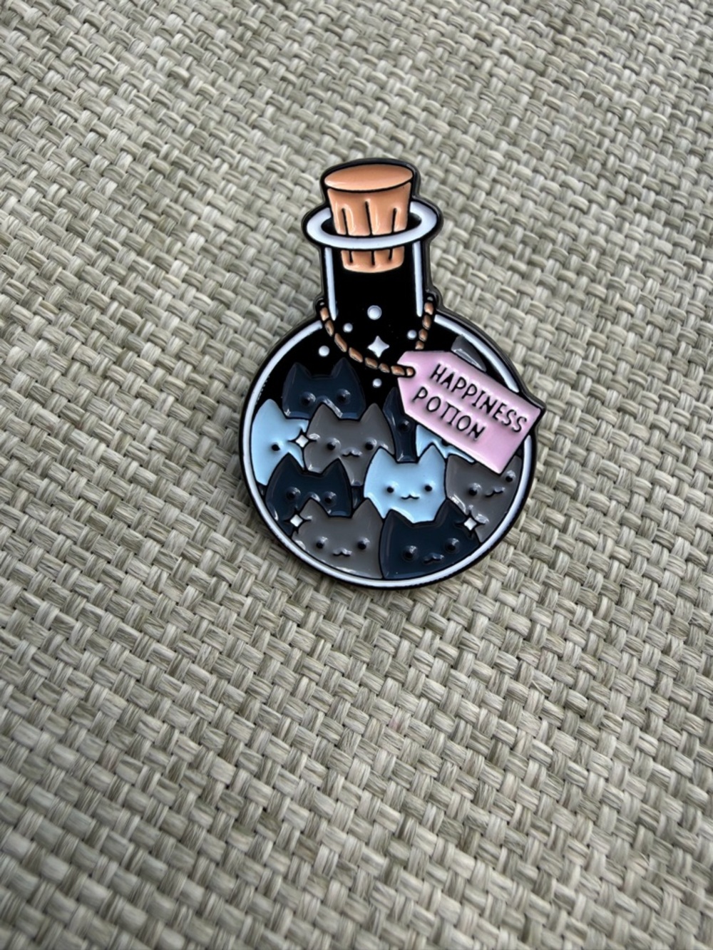 Happiness Potion Cat Enamel Pin - Black, Gray, Pink
